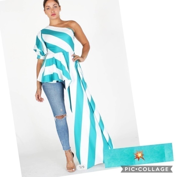 Aqua & White 1 Shoulder Top - Picture 5 of 5